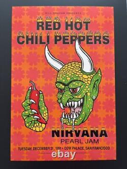 1991 Nirvana Concert Poster BGP-51 RHCP And Pearl Jam Cow Palace First Printing